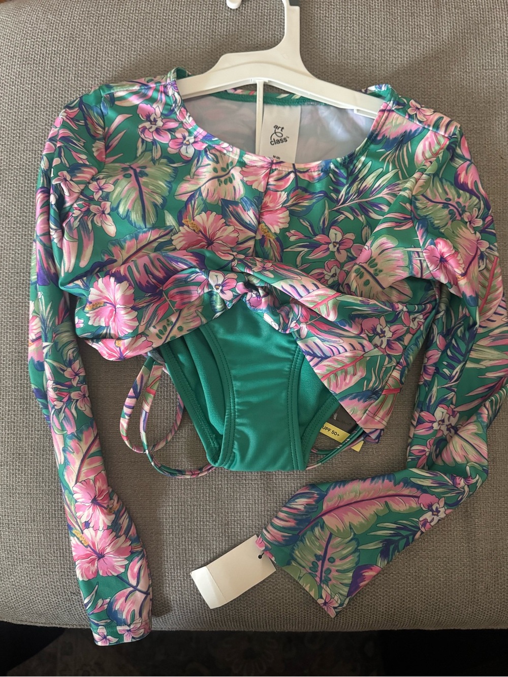 Girls Floral Rash Guard 3 piece Set - Green & Pink Tropical Print 8 (M) youth